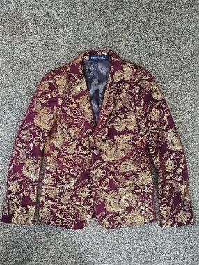 SWOTGdoby Burgundy and Gold Paisley Patterned Velvet Blazer Kid's Boy's  5T 6T